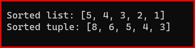 Picture showing the output of Sorted method in python for sorting in  reverse order